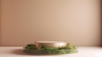 , product beige minimal scene with geometric podium platform and moss plants, mock up stand for cosmetic products. photo