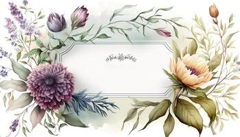 , Watercolor frame with spring flowers, hand drawn art style with place for text. Greeting, birthday and other holiday, wedding invitation concept photo