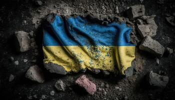 , Ruined Ukraine banner, Ukrainian flag on broken concrete, cracked, shattered, rubble ground. No war concept photo