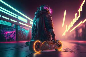 , Skate board, man in vr glasses, cyberpunk style. Neon night lights vibrant colors, photorealistic horizontal illustration of the futuristic city. Sport activity concept. photo