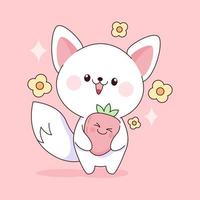 White kawaii cat with strawberry vector