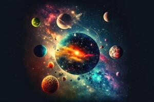 Endless universe with bright objects and colorful stars abstract background. photo