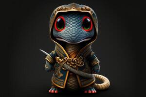 Cute snake in warrior mascot costume on black background. 12 Chinese zodiac signs horoscope concept photo