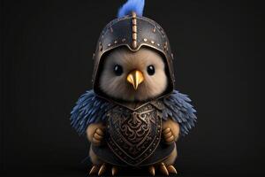 Cute chicken in warrior mascot costume on black background. 12 Chinese zodiac signs horoscope concept. photo
