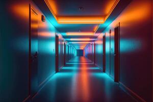 AI Generated Long empty corridor illuminated with color neon light. photo