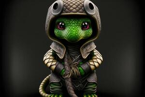 Cute snake in warrior mascot costume on black background. 12 Chinese zodiac signs horoscope concept photo