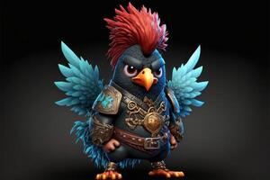 Cute rooster in warrior mascot costume on black background. 12 Chinese zodiac signs horoscope concept. photo