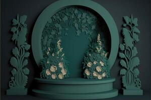 Green paper art podium and white flower. Product stage, stucco pedestal with floral wall. Platform 3D front view photo