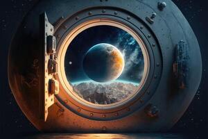 Laboratory window in a spaceship overlooking the Moon and Earth. photo