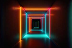 Long empty corridor illuminated with color neon light. photo