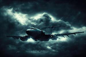 Airplane flies under heavy thunder clouds and lightning on the dark background. photo