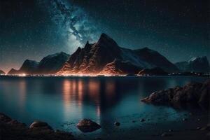 Night landscape with sea and mountains under starry sky. photo