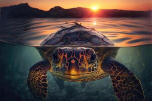 Tortuga flotadores encima el agua a puesta de sol. ai generado foto