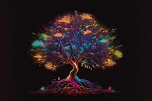 Fertile tree illuminated with colorful neon lights photo