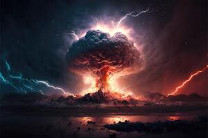 Powerful explosion with lightning and smoke at night abstract background. photo
