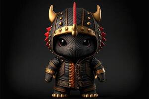 Cute dragon in warrior mascot costume on black background. 12 Chinese zodiac signs horoscope concept. photo