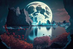 Giant moon shines behind cold icebergs, frozen lake and flower bushes abstract background photo