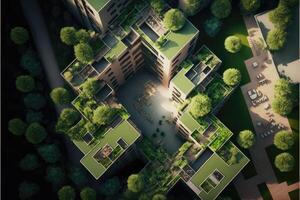 Top view. Environmental residential building district of the city with green terraces of flats at daylight. photo