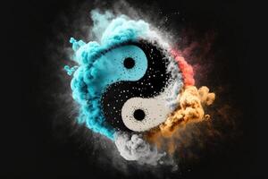 Yin Yang symbol with floating explosion powder abstract background. photo