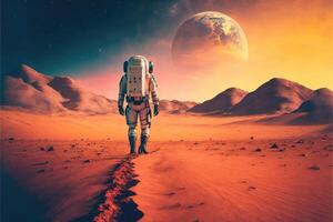 Astronaut walking across desert on Mars planet abstract background photo