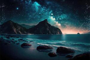 Night landscape with sea and mountains under starry sky. photo