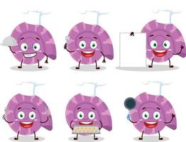 Cartoon character of purple clam with various chef emoticons vector