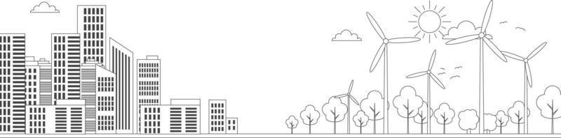 City and green forest, wind turbine line vector illustration.