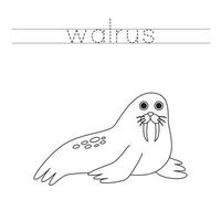 Trace the letters and color cartoon walrus. Handwriting practice for kids. vector