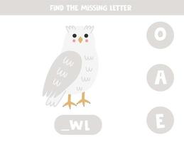 Find missing letter with cartoon snowy owl. Spelling worksheet. vector