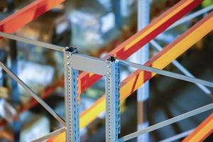 Metal joints of warehouse shelves. photo