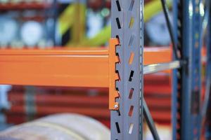 Metal joints of warehouse shelves. photo