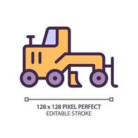 Grader pixel perfect RGB color icon. Creating flat surface. Coal mining equipment. Heavy industry. Motor vehicle. Isolated vector illustration. Simple filled line drawing. Editable stroke