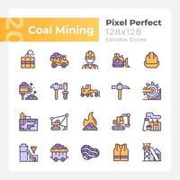 Coal mining pixel perfect RGB color icons set. Personal protective equipment. Heavy industry. Fossil fuel. Isolated vector illustrations. Simple filled line drawings collection. Editable stroke