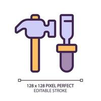 Hammer and chisel pixel perfect RGB color icon. Manual instruments for miners. Ore extraction. Coal mining. Heavy industry. Isolated vector illustration. Simple filled line drawing. Editable stroke