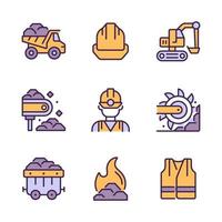 Coal extraction pixel perfect RGB color icons set. Heavy industry machine equipment. Miner protection. Excavator. Isolated vector illustrations. Simple filled line drawings collection. Editable stroke