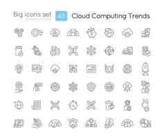 Cloud computing trends linear icons set. Innovating technologies benefits. Customizable thin line symbols. Isolated vector outline illustrations. Editable stroke