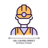 Miner pixel perfect RGB color icon. Manual labour. Coal mining industry employee. Uniform and protective equipment. Isolated vector illustration. Simple filled line drawing. Editable stroke