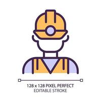 Miner pixel perfect RGB color icon. Manual labour. Coal mining industry employee. Uniform and protective equipment. Isolated vector illustration. Simple filled line drawing. Editable stroke