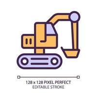 Excavator pixel perfect RGB color icon. Heavy equipment machine. Coal mining industry. Motor vehicle. Ore extraction. Isolated vector illustration. Simple filled line drawing. Editable stroke