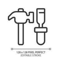 Hammer and chisel pixel perfect linear icon. Manual instruments for miners. Ore extraction. Coal mining. Heavy industry. Thin line illustration. Contour symbol. Vector outline drawing. Editable stroke