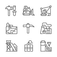 Mining industry related pixel perfect linear icons set. Heavy equipment. Coal processing plant. Customizable thin line symbols. Isolated vector outline illustrations. Editable stroke