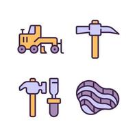 Quarry mining pixel perfect RGB color icons set. Miner manual instruments. Coal extraction. Excavator machine. Isolated vector illustrations. Simple filled line drawings collection. Editable stroke