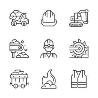 Coal extraction pixel perfect linear icons set. Heavy industry machine equipment. Miner protection. Excavator. Customizable thin line symbols. Isolated vector outline illustrations. Editable stroke