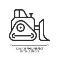 Bulldozer pixel perfect linear icon. Heavy materials pushing. Coal mining vehicle. Heavy industry machine, equipment. Thin line illustration. Contour symbol. Vector outline drawing. Editable stroke