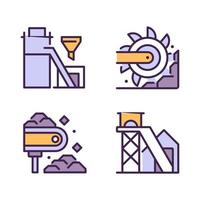 Coal mining process pixel perfect RGB color icons set. Heavy industry. Processing plant. Bucket wheel excavator. Isolated vector illustrations. Simple filled line drawings collection. Editable stroke