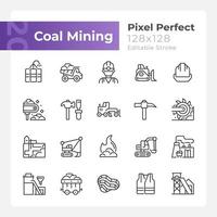 Coal mining pixel perfect linear icons set. Personal protective equipment. Heavy industry. Fossil fuel. Customizable thin line symbols. Isolated vector outline illustrations. Editable stroke