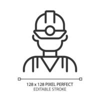 Miner pixel perfect linear icon. Manual labour. Coal mining industry employee. Uniform and protective equipment. Thin line illustration. Contour symbol. Vector outline drawing. Editable stroke