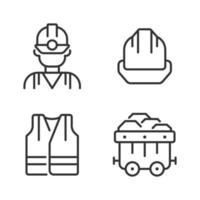 Coal miner protective equipment pixel perfect linear icons set. Reflective vest and hardhat. Heavy industry. Customizable thin line symbols. Isolated vector outline illustrations. Editable stroke