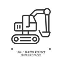 Excavator pixel perfect linear icon. Heavy equipment machine. Coal mining industry. Motor vehicle. Ore extraction. Thin line illustration. Contour symbol. Vector outline drawing. Editable stroke