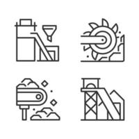 Coal mining process pixel perfect linear icons set. Heavy industry. Processing plant. Bucket wheel excavator. Customizable thin line symbols. Isolated vector outline illustrations. Editable stroke